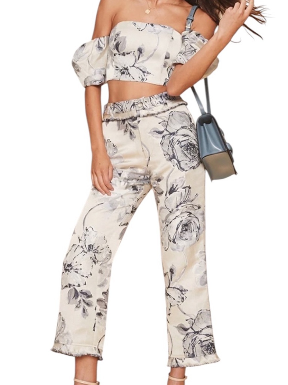LPA Floral Cream and Gray High-Waist Wide Leg Pants